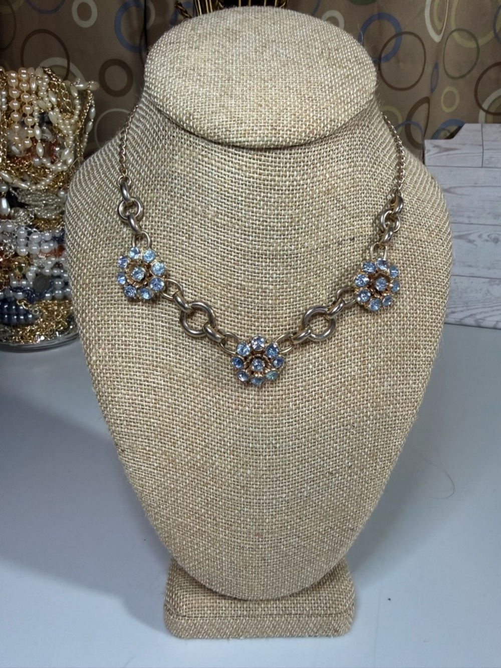 Vintage Barclay Gold-Tone Floral Crystal Necklace with Blue Stones V3
